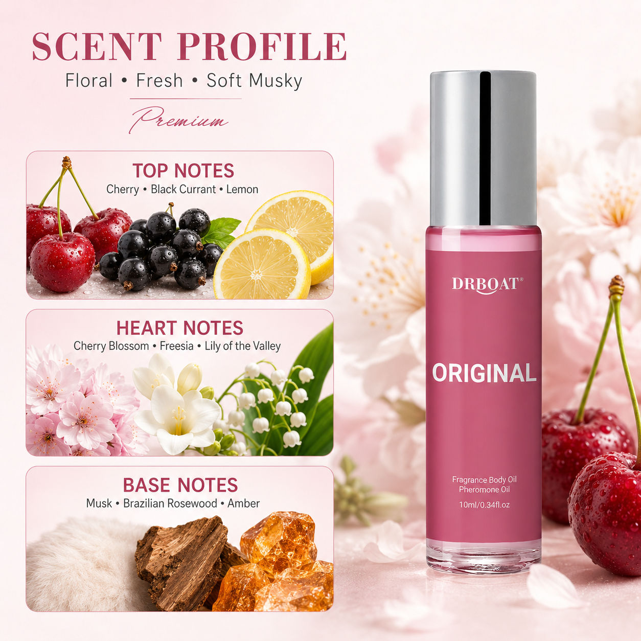 女性用ロールオン香水オイル。チェリーのフローラルとソフトウッ - On Perfume & Fragrance Kota Bogor のレビューと価格
